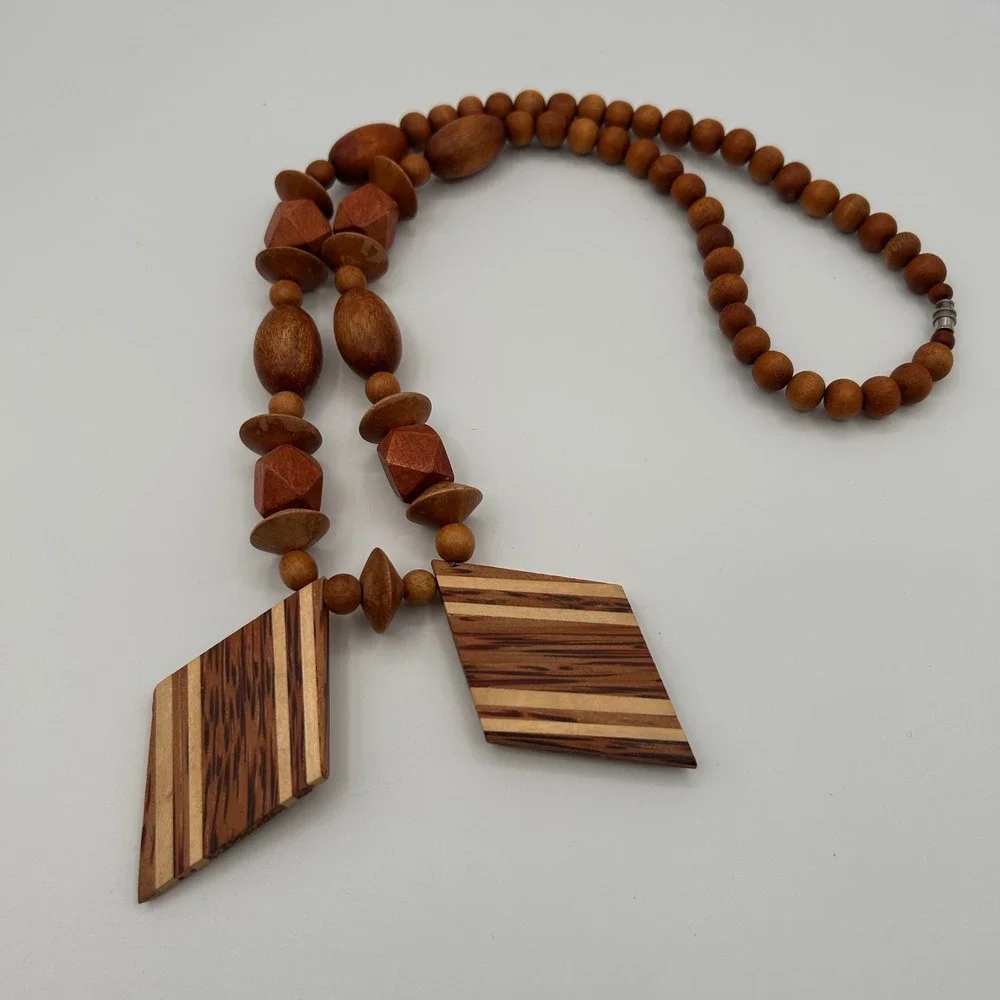Vintage Boho Natural Wood Beaded Necklace Stripe Geometric Pendant Statement 24